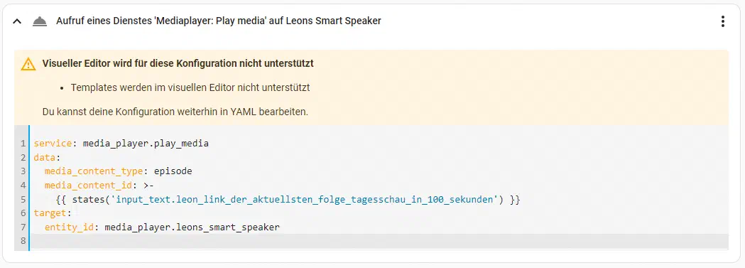 Service call for the smart speaker to play the current episode of Tageschau in 100 Sekunden