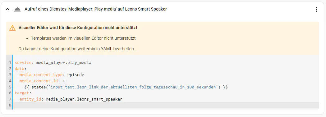 Service Call zum Smart Speaker, um die aktuelle Folge Tageschau in 100 Sekunden abzuspielen