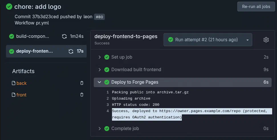 Erfolgreiches Deployment einer statischen Seite mit der Forge Pages Action