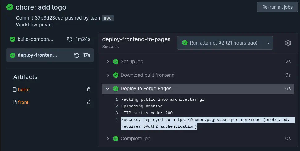 Erfolgreiches Deployment einer statischen Seite mit der Forge Pages Action